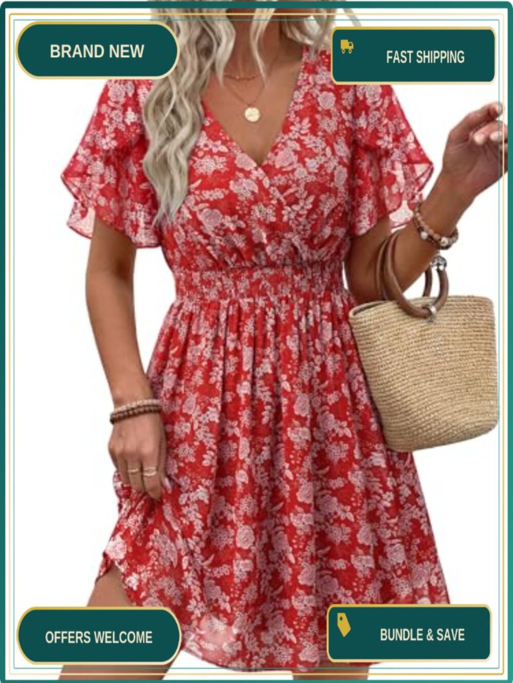 Womens Ruffle Sleeve V-Neck A-Line Chiffon Dress Boho Flowy Casual Summer